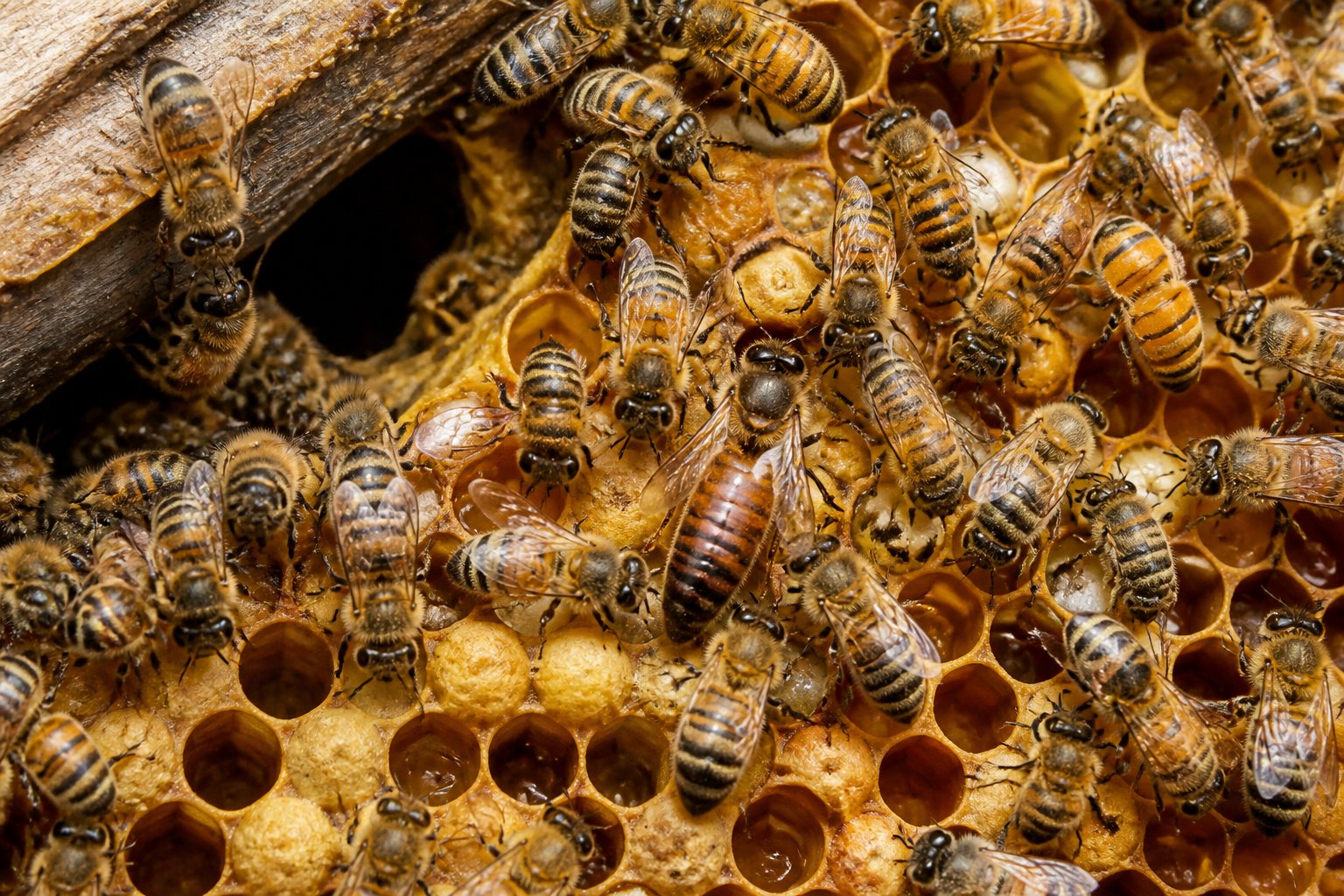 Close-up view of a honeybee colony inside a hive showing different bees performing various tasks, with a larger queen bee surrounded by worker bees.