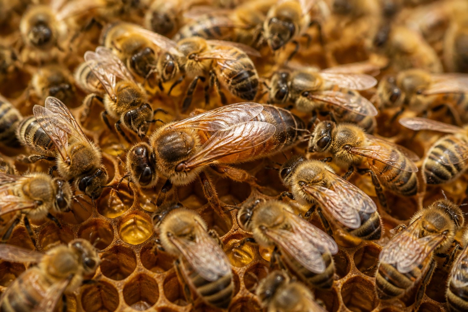 Close-up of honeybees working on a honeycomb inside a beehive.