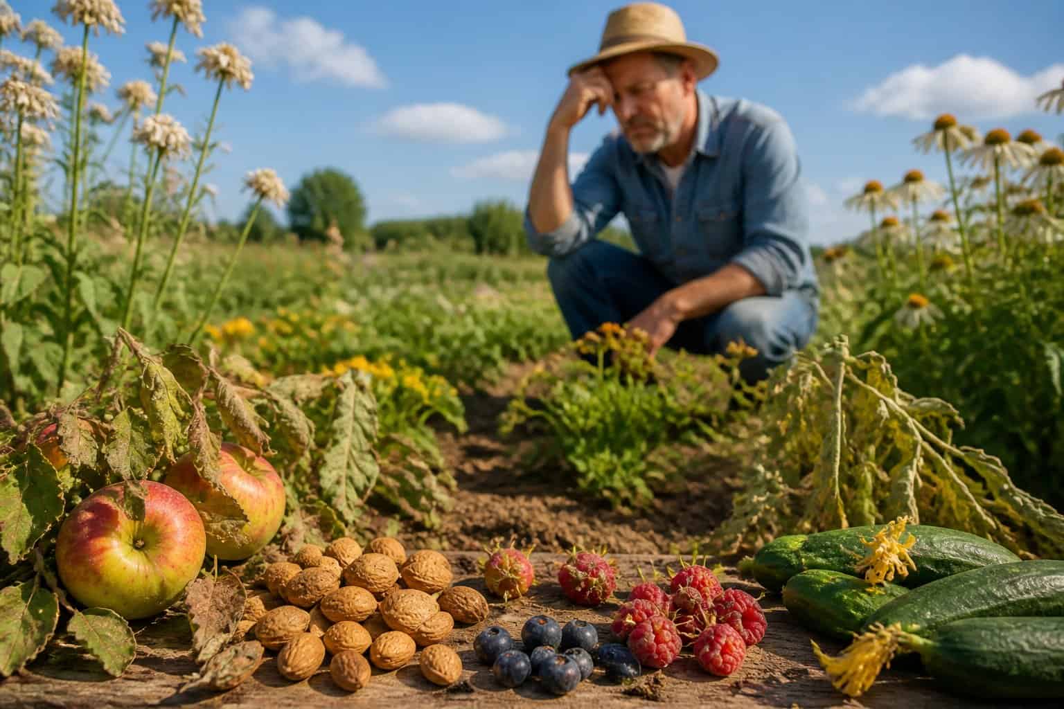 A farmer inspects fruit and vegetable plants with few or no bees around, showing reduced abundance of crops.