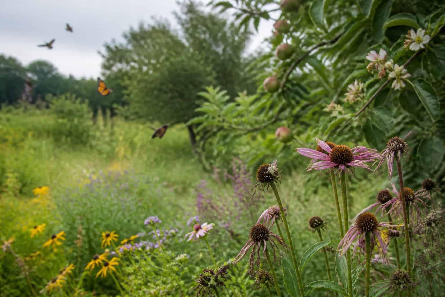 A meadow with wildflowers and a fruit tree showing fewer blossoms and some wilting flowers, illustrating the decline of an ecosystem without bees.