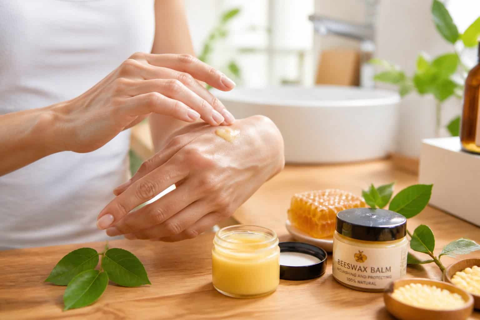 Hands applying beeswax skincare balm onto clean skin with natural skincare items on a wooden countertop in a bright bathroom.