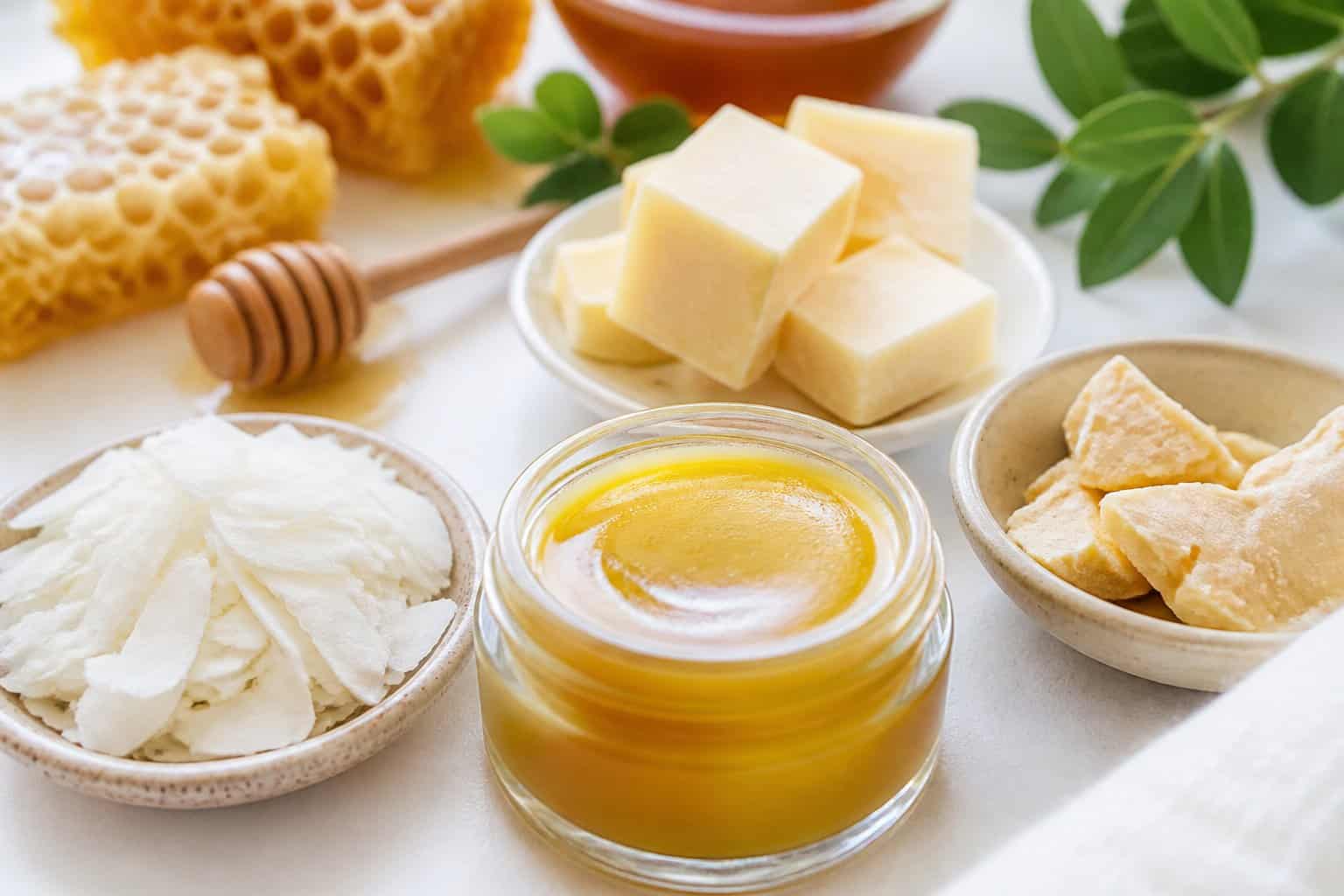 Close-up of different wax types including golden beeswax, white soy wax flakes, paraffin wax blocks, and carnauba wax pieces arranged on a white surface with natural elements in the background.