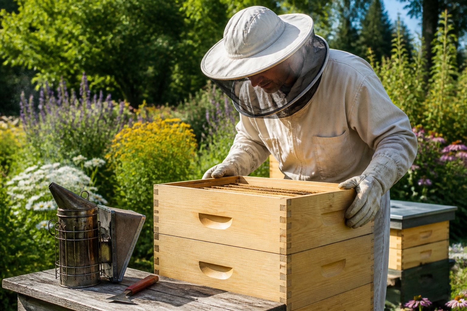 A beekeeper in protective gear assembling a beehive outdoors surrounded by greenery and flowers.