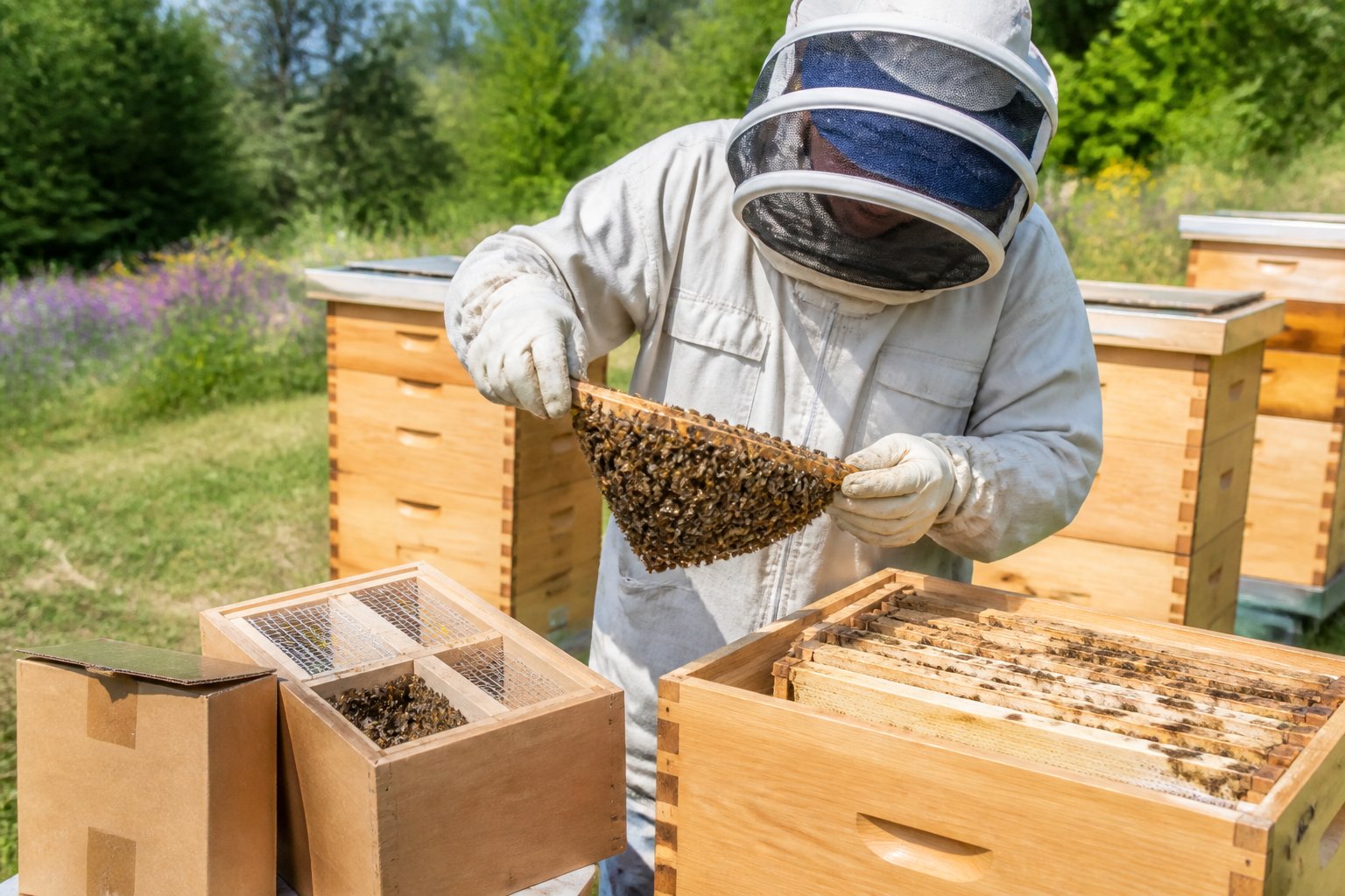 A beekeeper in protective gear carefully installing bees into wooden hive boxes outdoors on a sunny day.