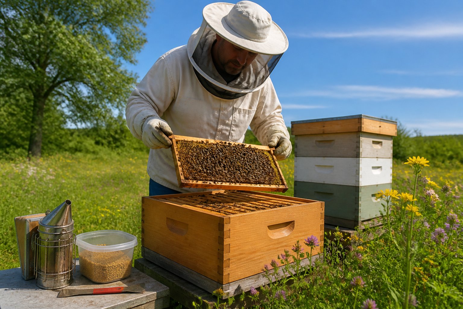 A beekeeper in protective clothing inspecting a wooden beehive outdoors with bees on the frame, surrounded by green grass and flowers.