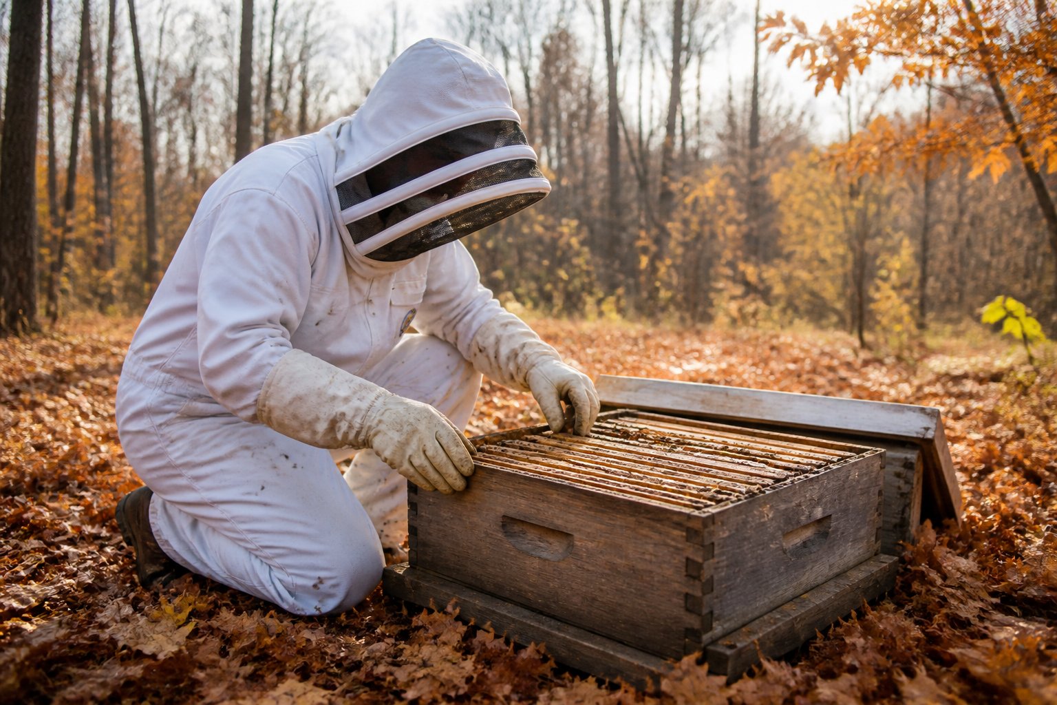 A beekeeper in protective clothing inspecting a wooden beehive outdoors surrounded by fallen autumn leaves and bare trees.