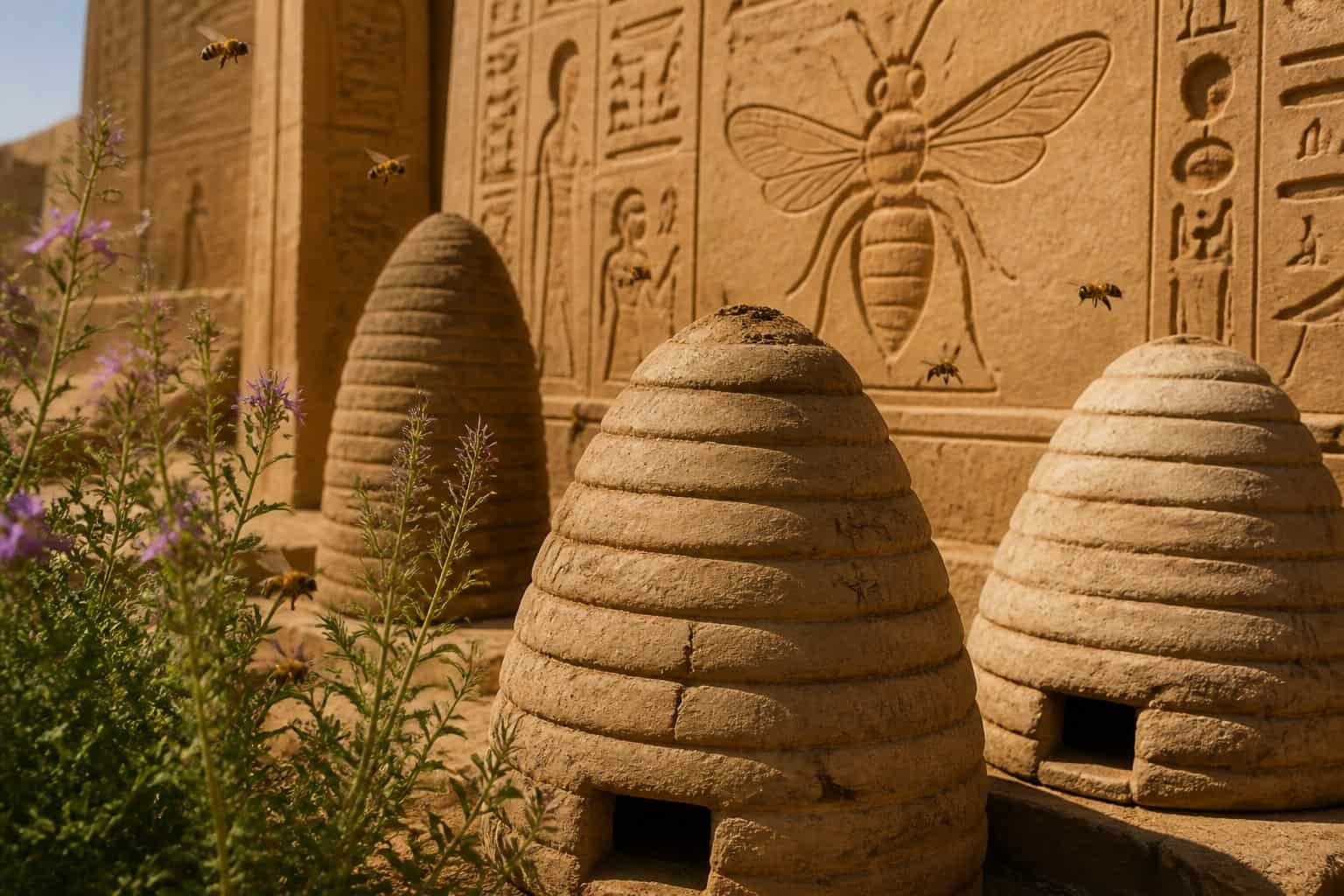 Ancient Egyptian clay beehives and stone carvings of bees in a desert archaeological site with flowers and honeybees flying nearby.