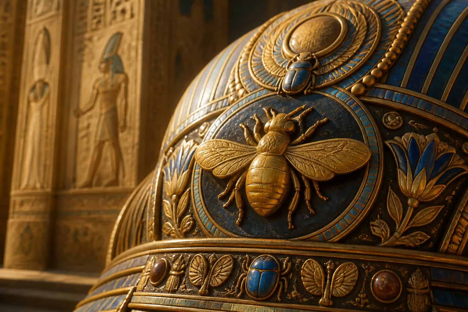 Close-up of a golden bee emblem on an ornate ancient Egyptian artifact surrounded by hieroglyphics and traditional symbols.