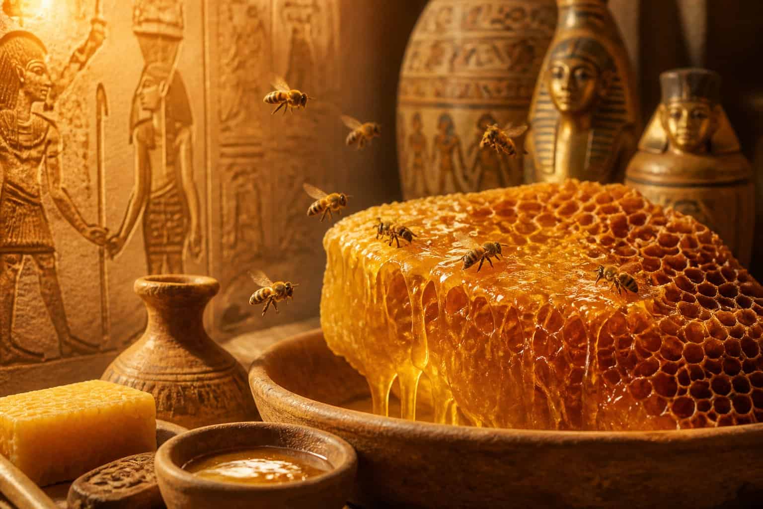 Close-up of honeycomb with bees flying around, ancient Egyptian artifacts and hieroglyphics visible in the background.