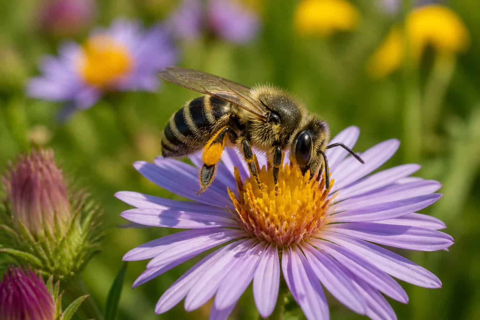 A native bee resting on a wildflower in a natural meadow with green plants around.