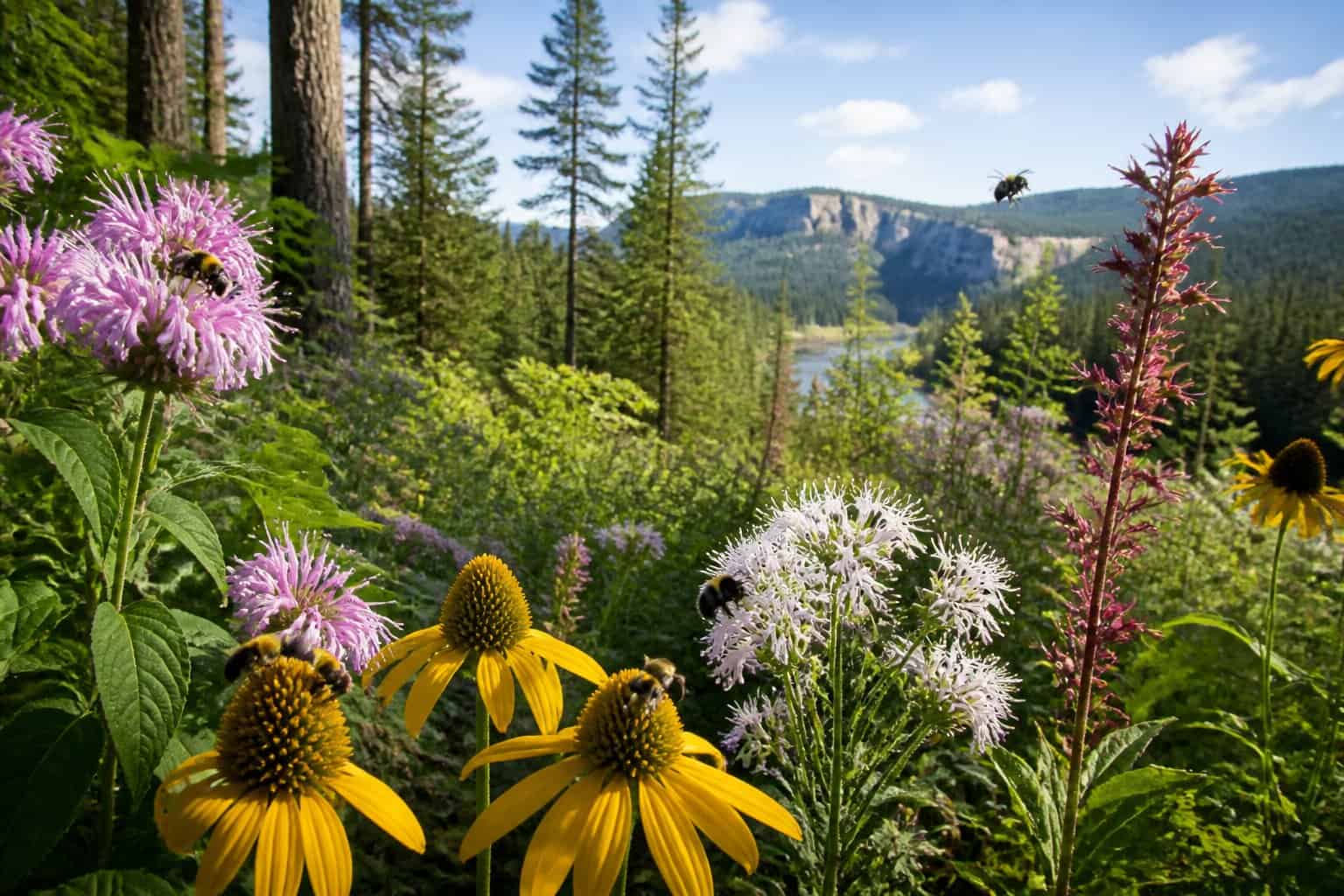 A vibrant North American forest with native wildflowers and native bees pollinating the plants under sunlight.