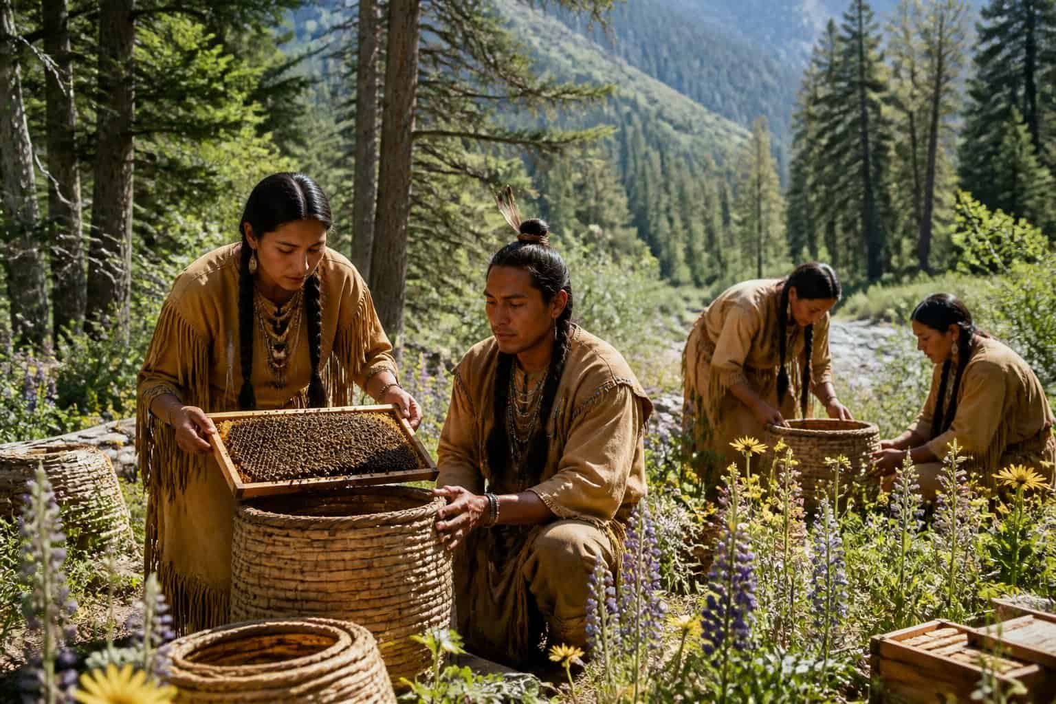 Indigenous people in traditional clothing tending to bees in a forest with wildflowers and trees.