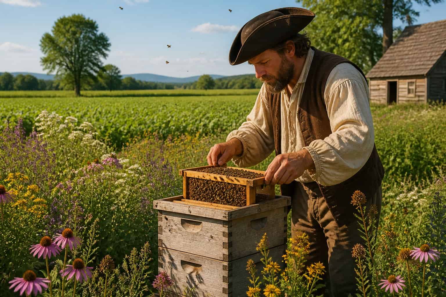 A beekeeper in colonial clothing tending to a wooden beehive surrounded by wildflowers and honeybees on a sunny farmland with fields and trees in the background.