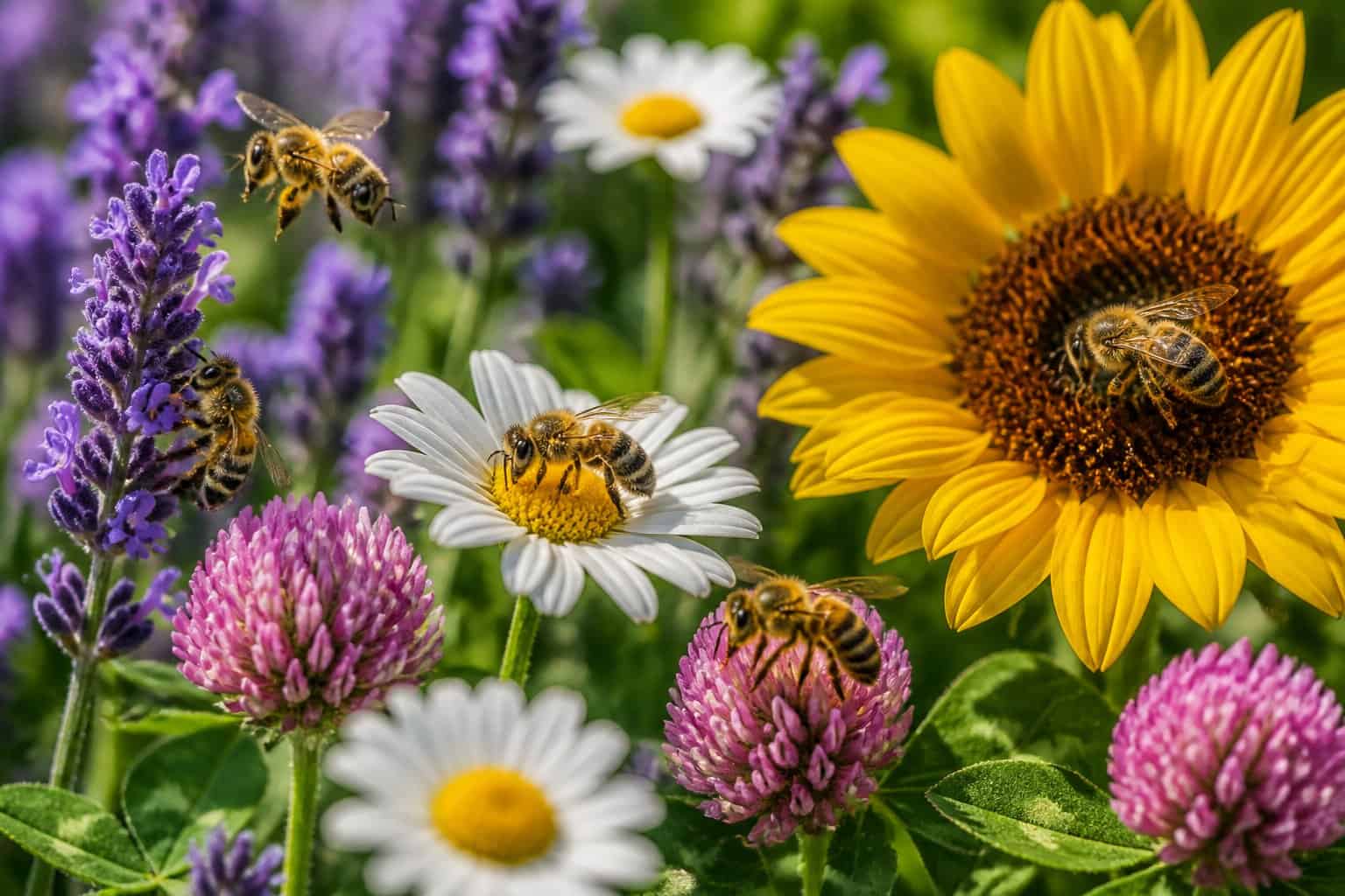 Bees collecting nectar from colorful flowers in a garden.