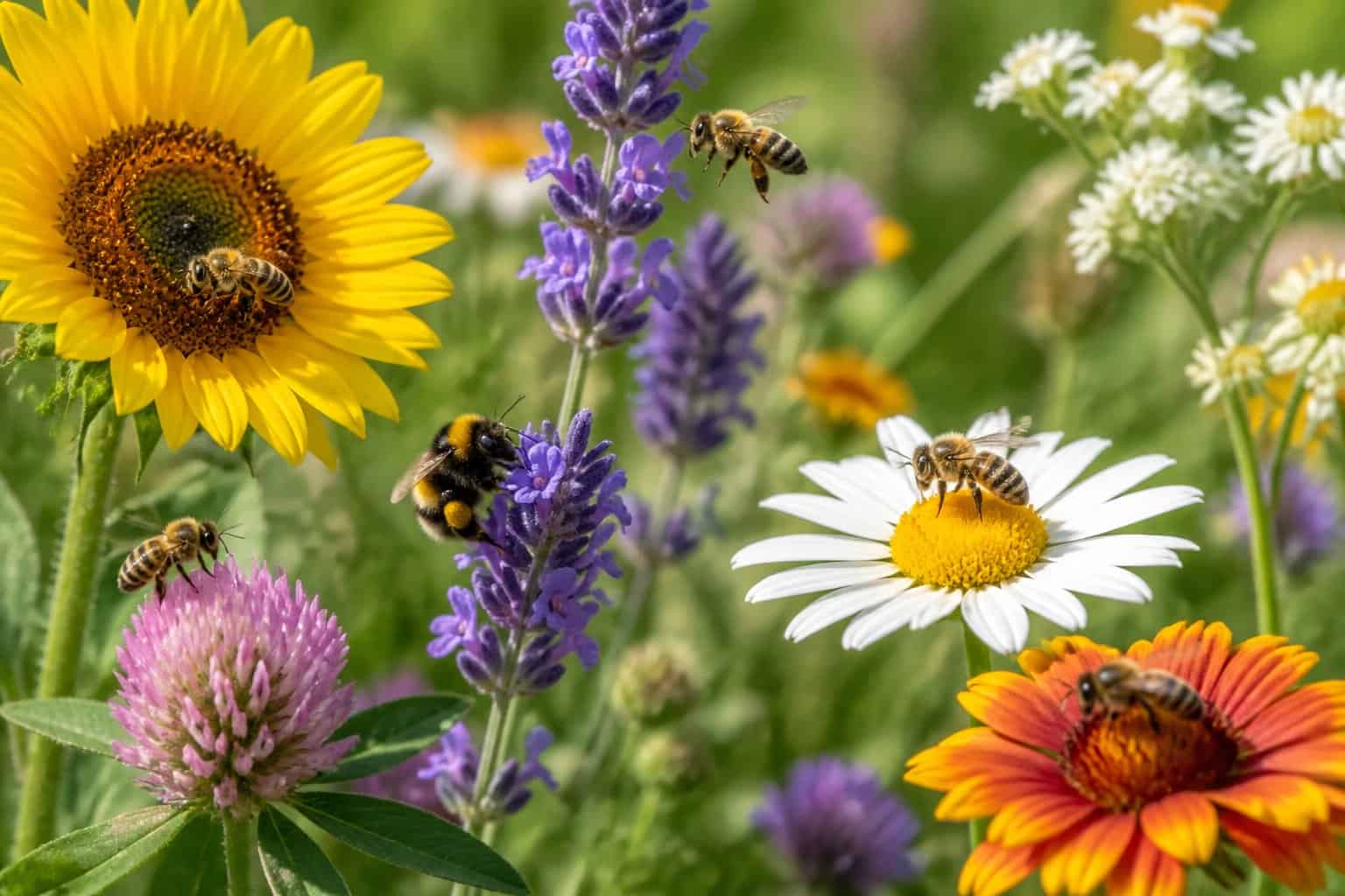 Close-up of different bees collecting nectar from a variety of colorful flowers in a sunny garden.