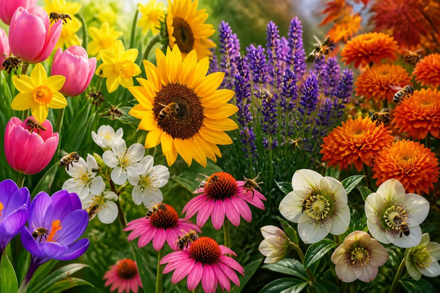 A garden with various seasonal flowers attracting bees that are collecting nectar and pollen.