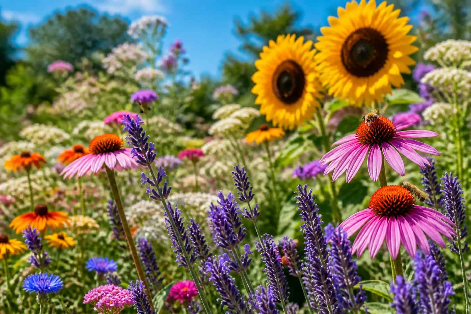 A garden with colorful flowers and bees pollinating them under sunlight.