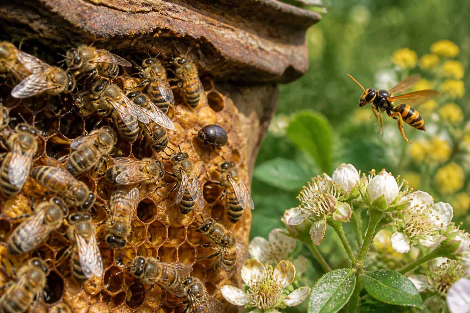 Close-up of a beehive with bees working on honeycomb, a wasp flying nearby, and a small beetle on the hive surrounded by flowers and green plants.