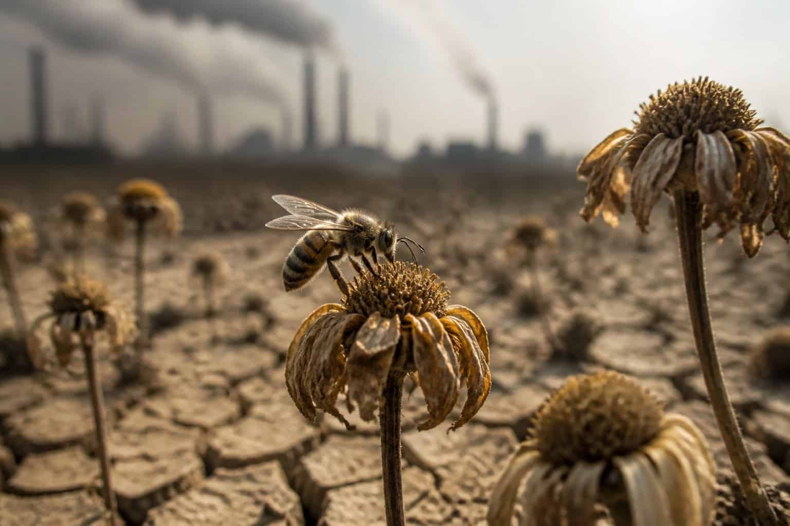 A close-up of a honeybee on a wilting flower surrounded by dry soil and fading plants, showing the environmental challenges bees face.