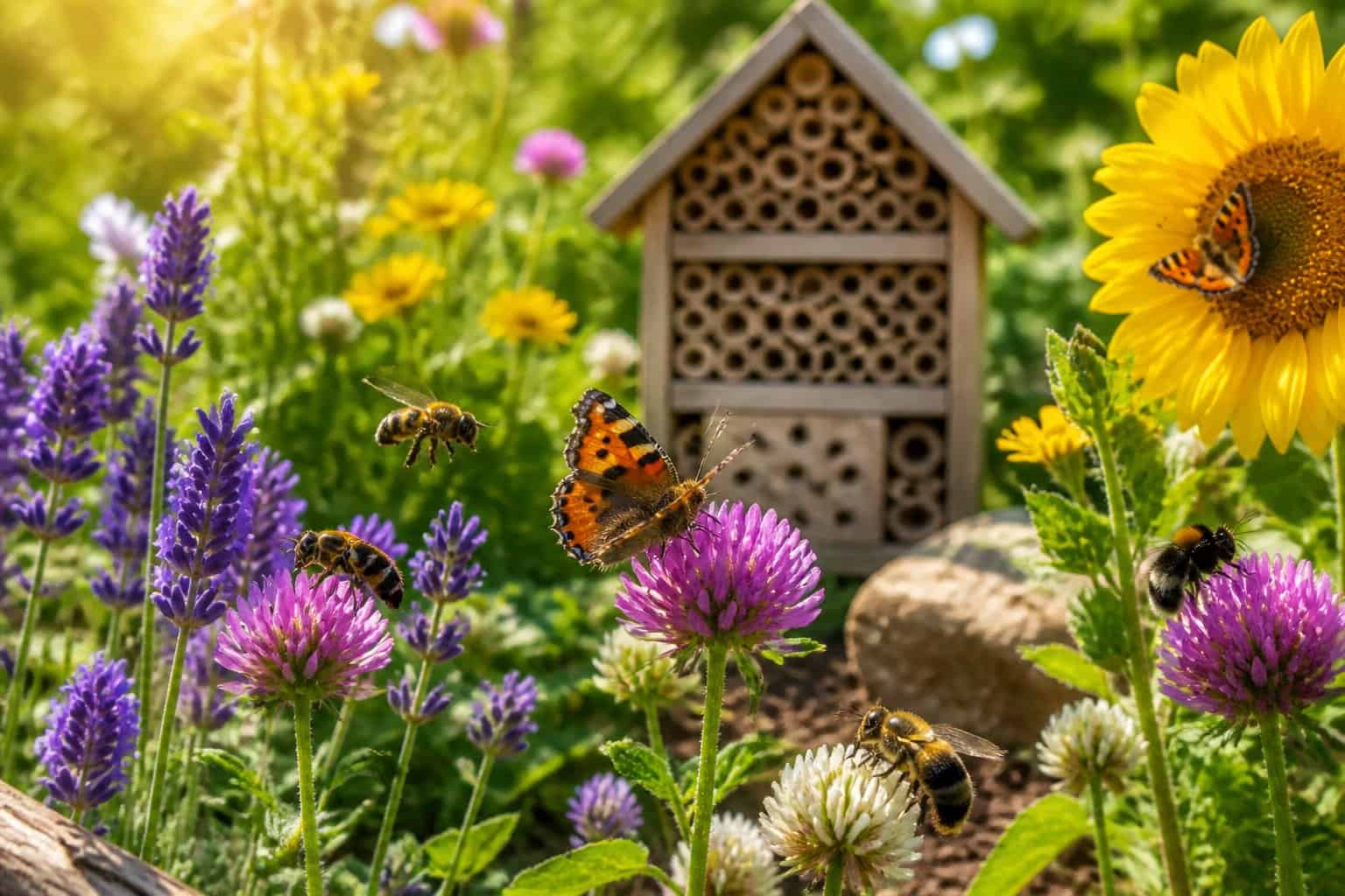 Bees and other pollinators visiting colorful wildflowers in a lush garden with sunlight filtering through the plants.