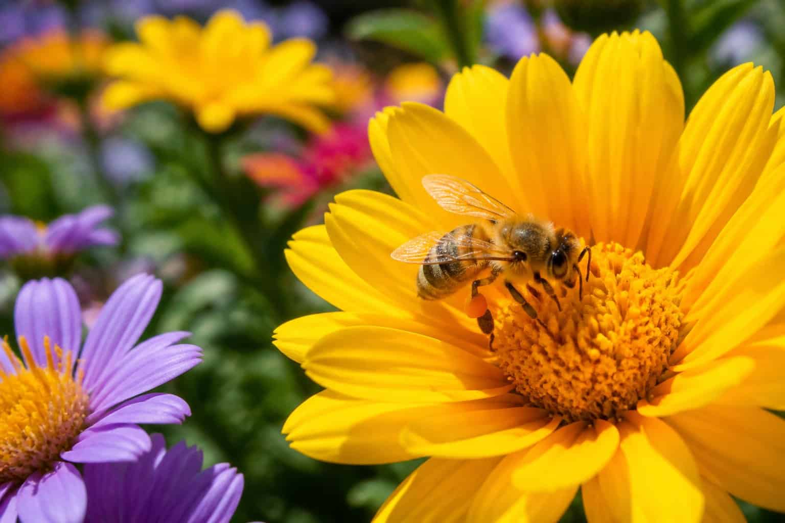 A close-up of a bee collecting pollen from a flower in a garden.