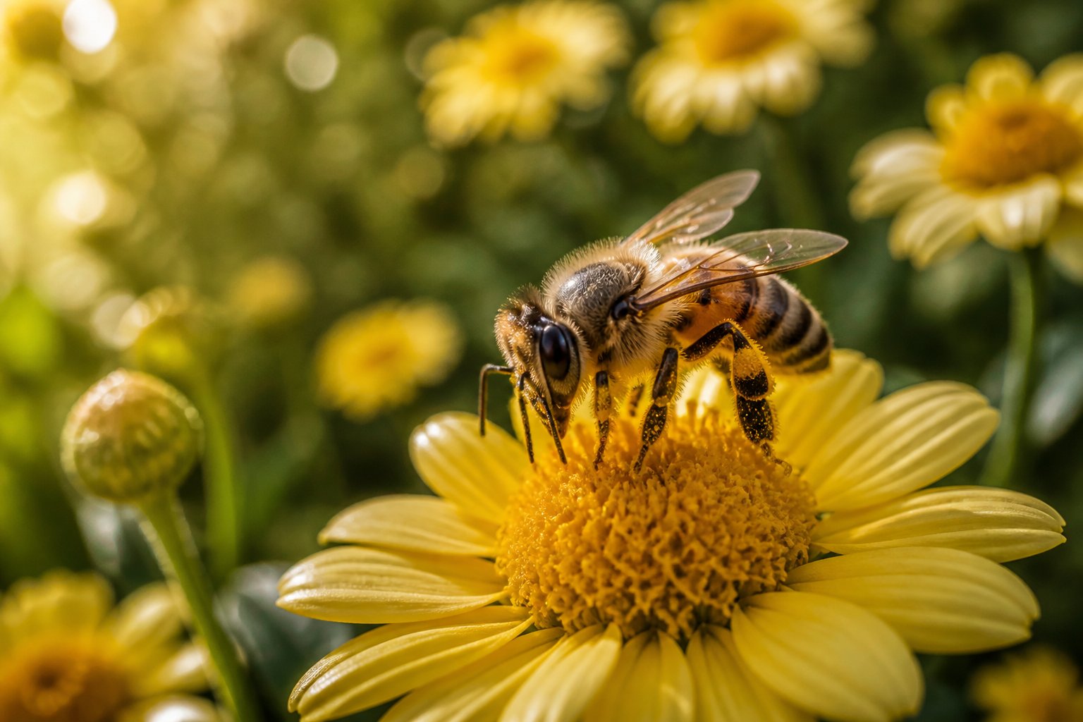 Close-up of a honeybee collecting nectar from a yellow flower with blurred green foliage in the background.