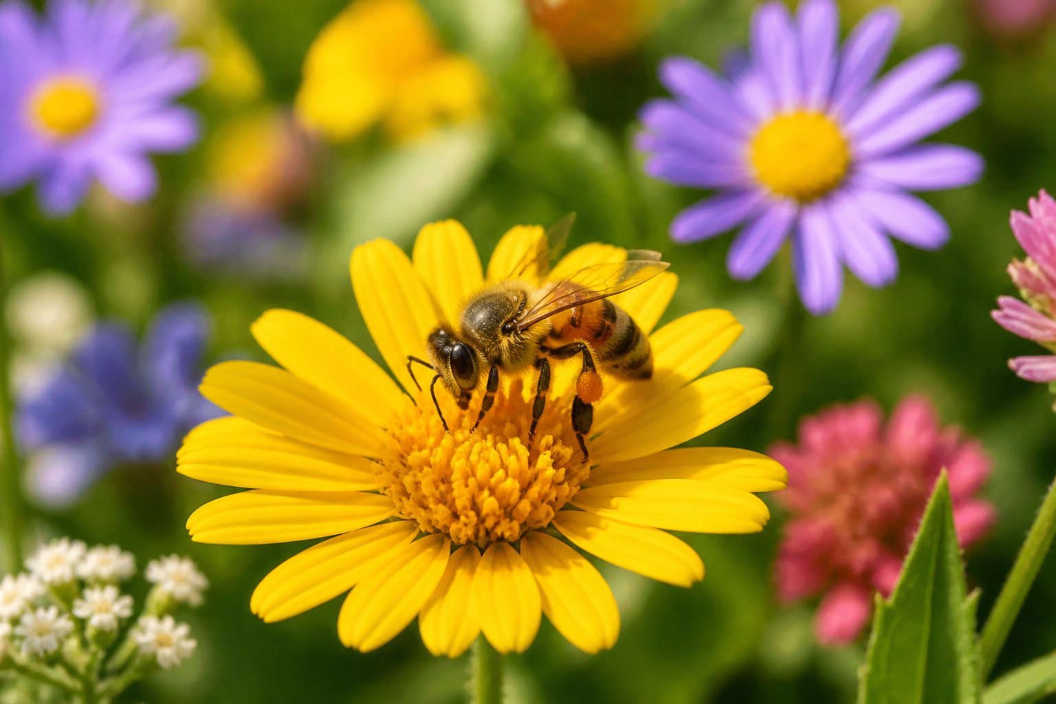 A close-up of a honeybee collecting nectar from a yellow flower surrounded by green plants.