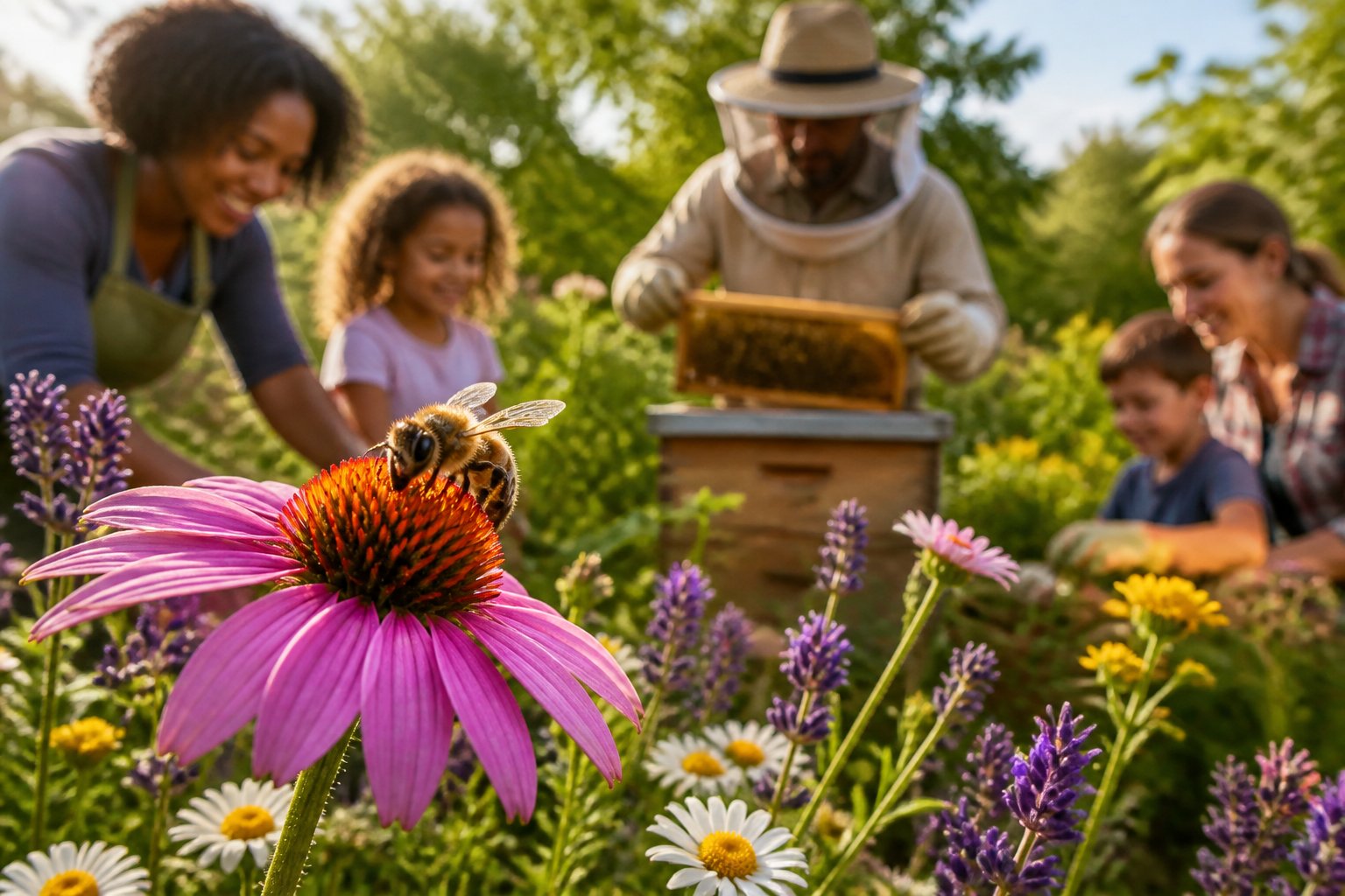 A honeybee collecting nectar from a flower with people gardening and harvesting honey in the background.