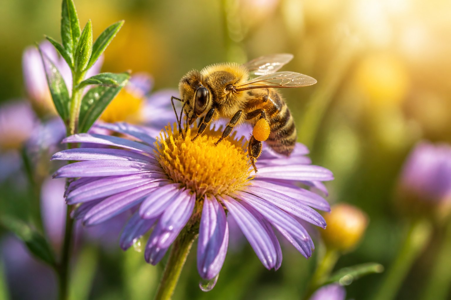 A honeybee sitting on a wildflower in a sunlit meadow surrounded by greenery.