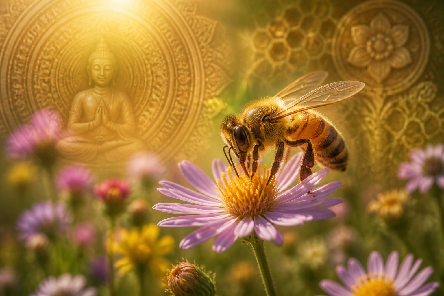 A close-up of a honeybee on a flower with soft natural surroundings and subtle spiritual symbols in the background.