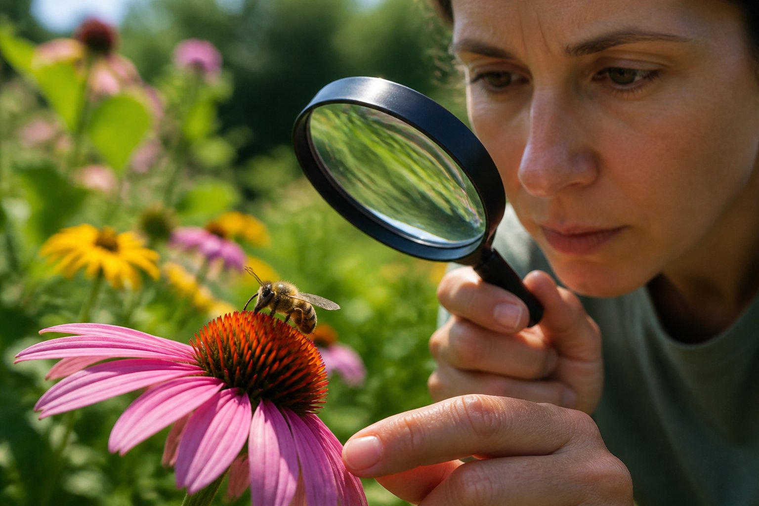 A person closely examining a bee on a flower outdoors using a magnifying glass.
