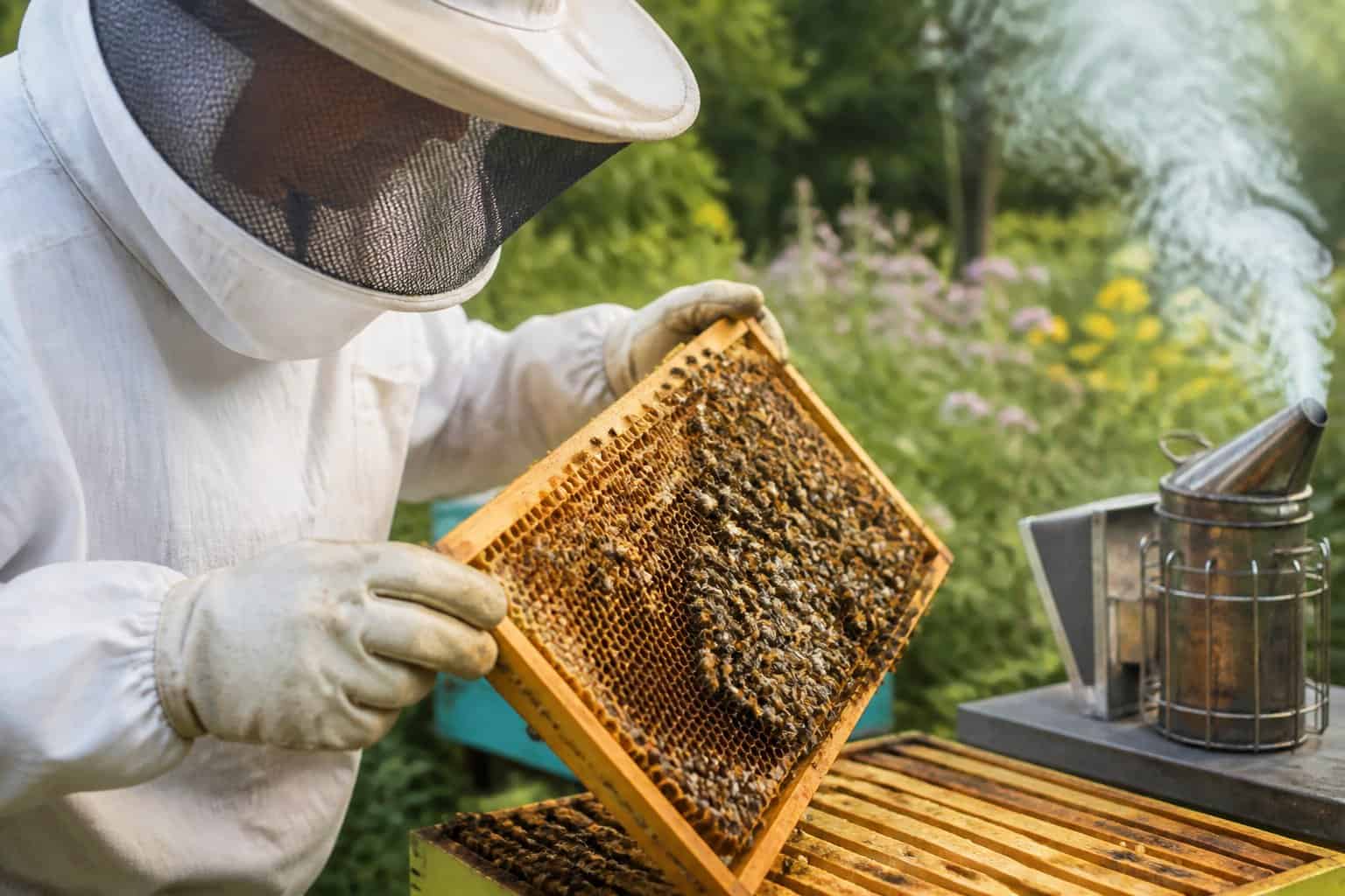 A beekeeper in protective clothing carefully inspecting a beehive outdoors surrounded by flowers and greenery.