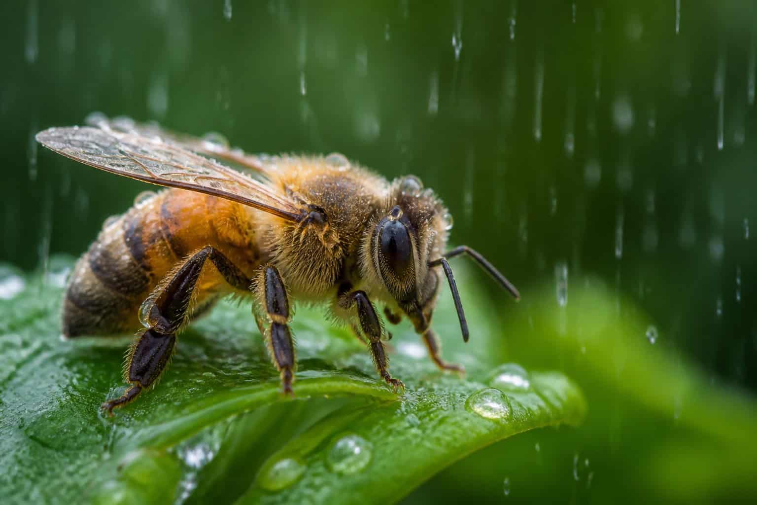 A close-up of a honeybee on a green leaf with raindrops falling around it.