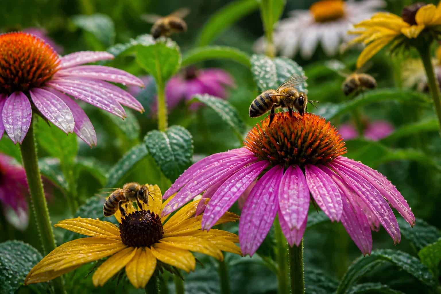 Bees on wet flowers in a garden after rain with water droplets on petals and leaves.
