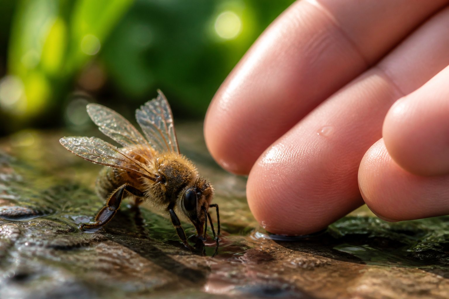 A close-up of a hand gently helping a wet bee outdoors with green plants in the background.