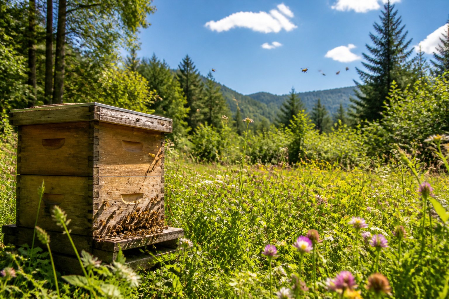 A green meadow with wildflowers, honeybees flying around, and a wooden beehive under a clear blue sky.