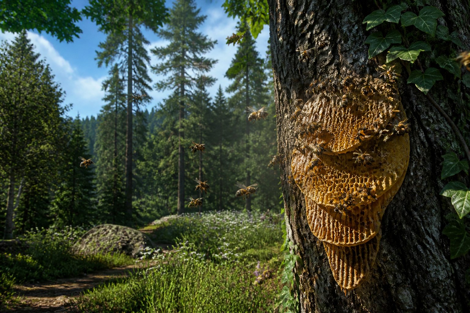 A forest scene with trees and wild bees flying around a beeswax hive on a tree trunk.