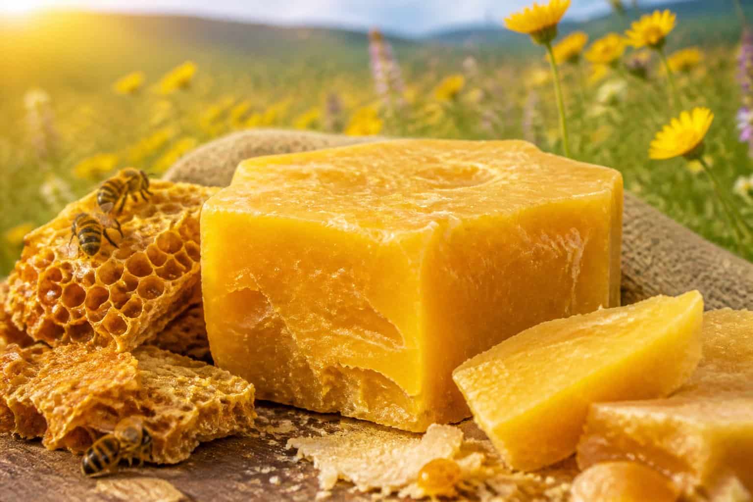 Close-up of raw beeswax and honeycomb with bees resting on them in a sunlit meadow with wildflowers.