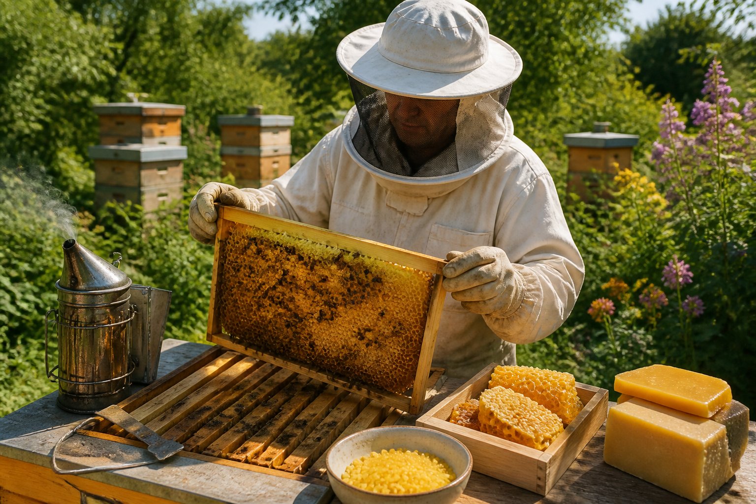 A beekeeper in protective clothing inspecting a honeycomb frame with beeswax inside a well-kept apiary surrounded by beehives and flowering plants.