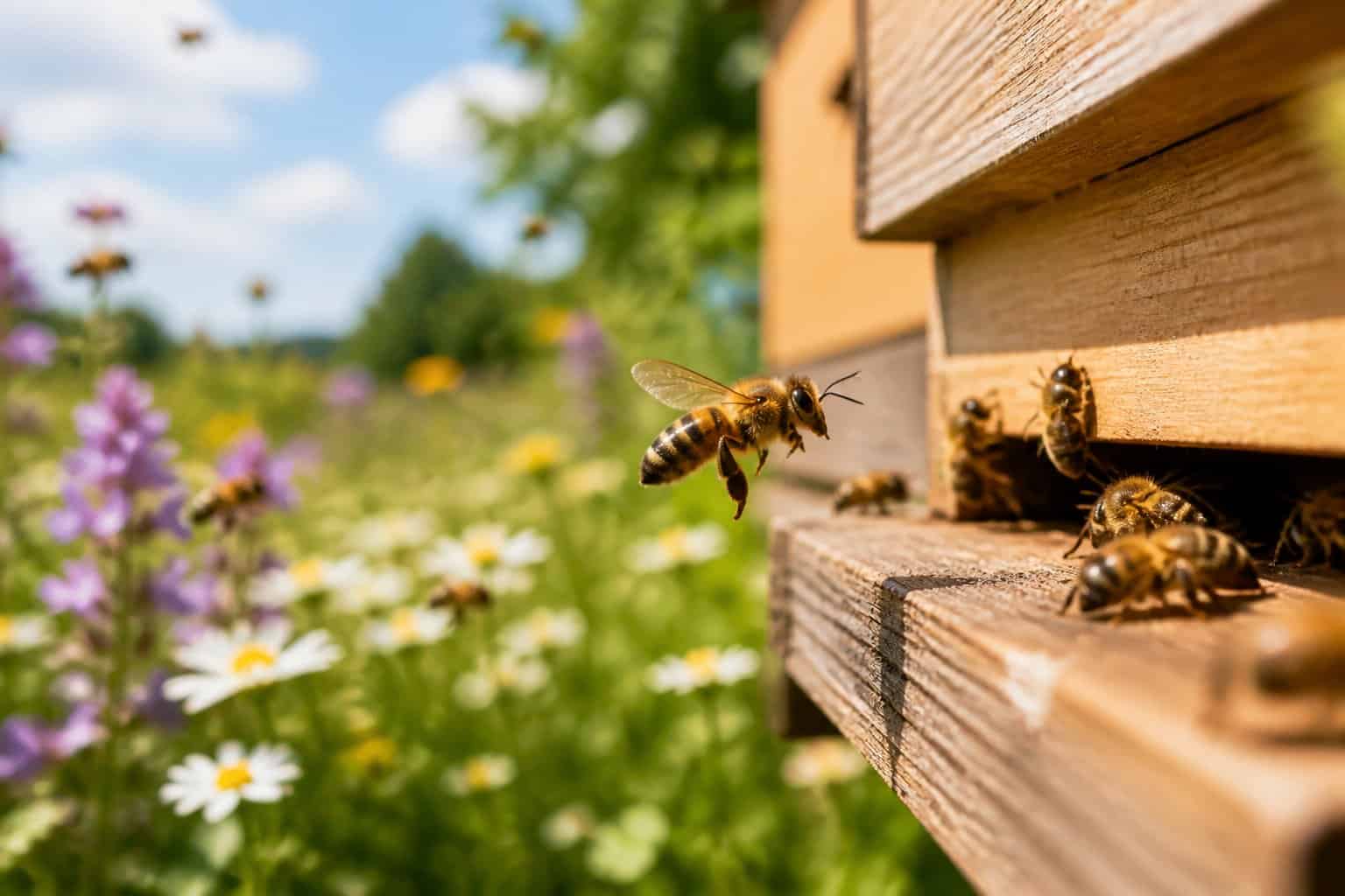 A close-up of a honeybee leaving a wooden beehive surrounded by green plants and flowers on a sunny day.