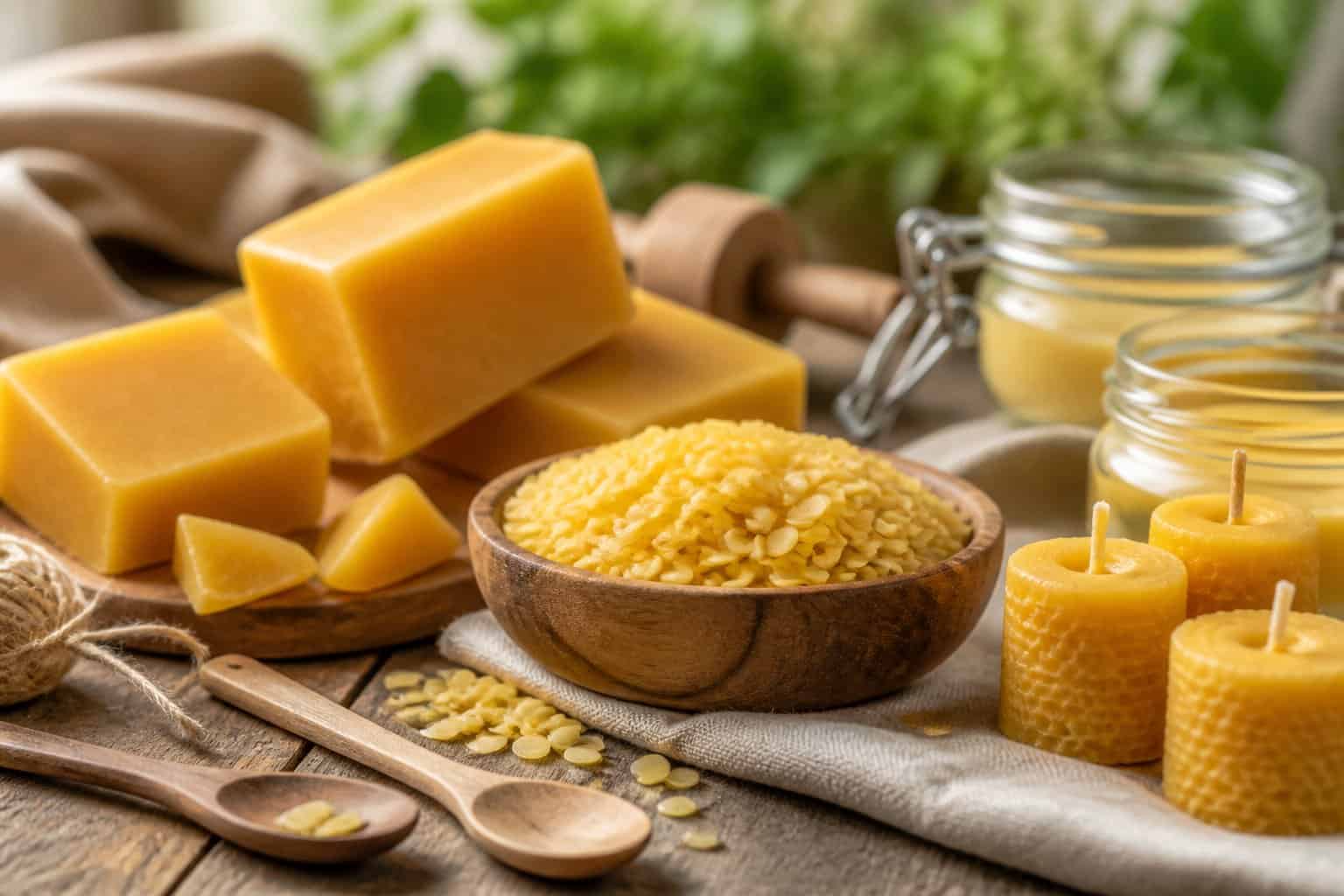 Close-up of beeswax blocks and pellets with craft tools on a wooden table in a natural setting.