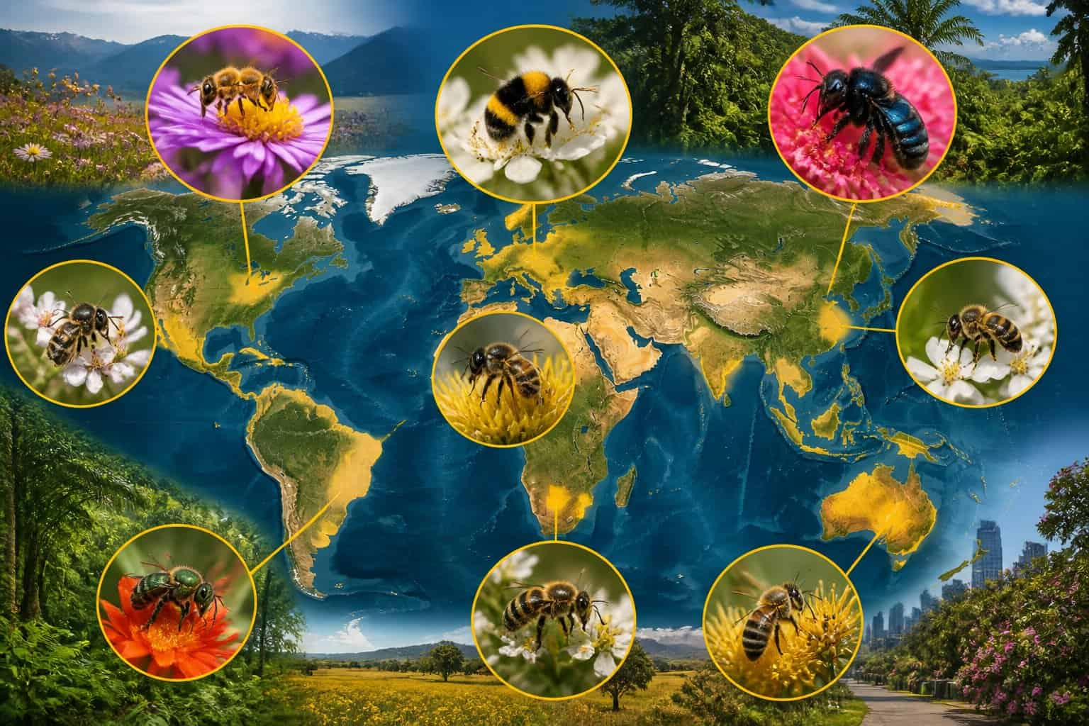 A detailed global map showing bees in various natural habitats across different continents with flowers and greenery.