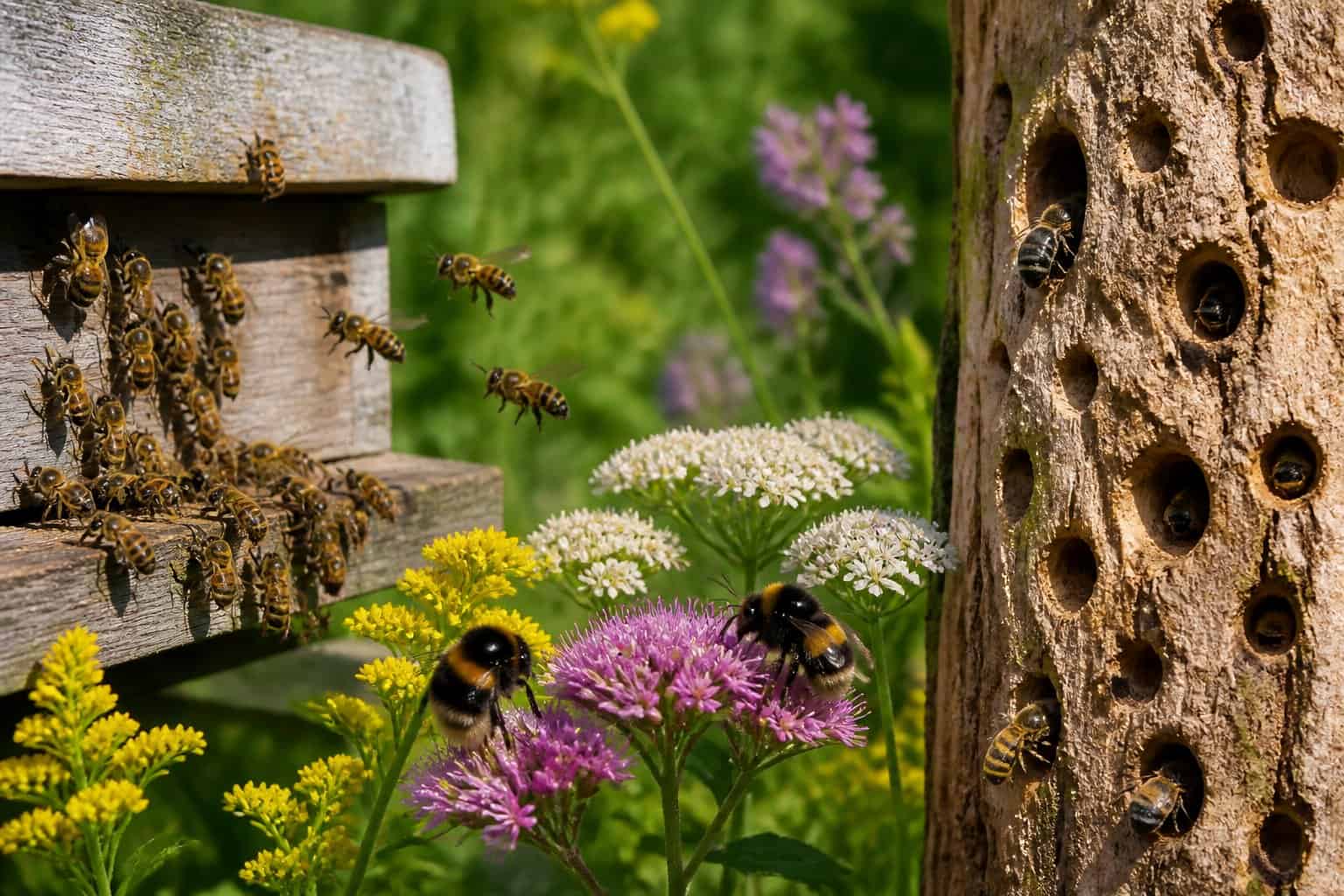 Various bees nesting in natural habitats including a wooden beehive, tree trunk holes, and wildflower patches in a green outdoor setting.