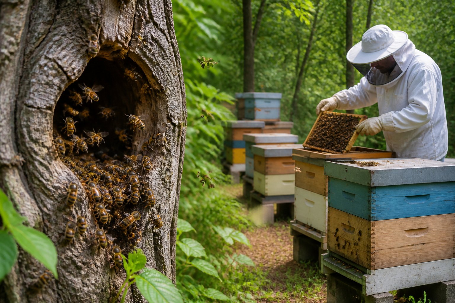 A natural scene showing wild bees around a hollow tree trunk on one side and a beekeeper tending wooden beehives on the other side.