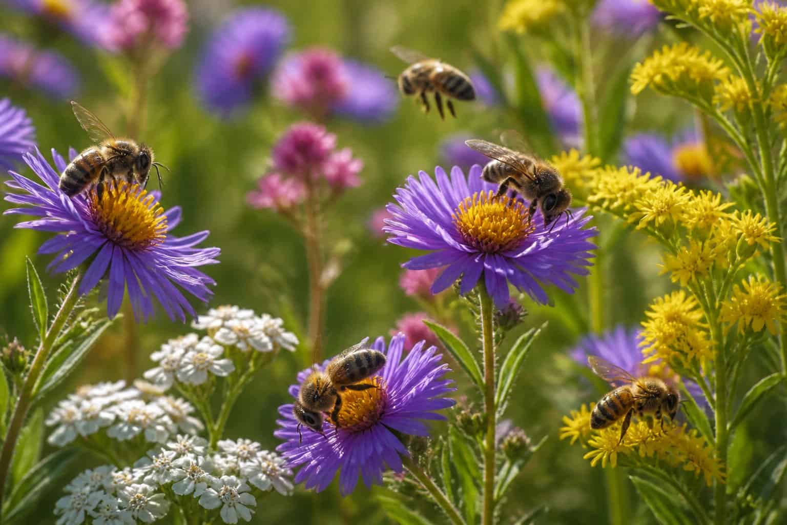 Several honeybees pollinating colorful wildflowers in a green meadow with various plants in the background.