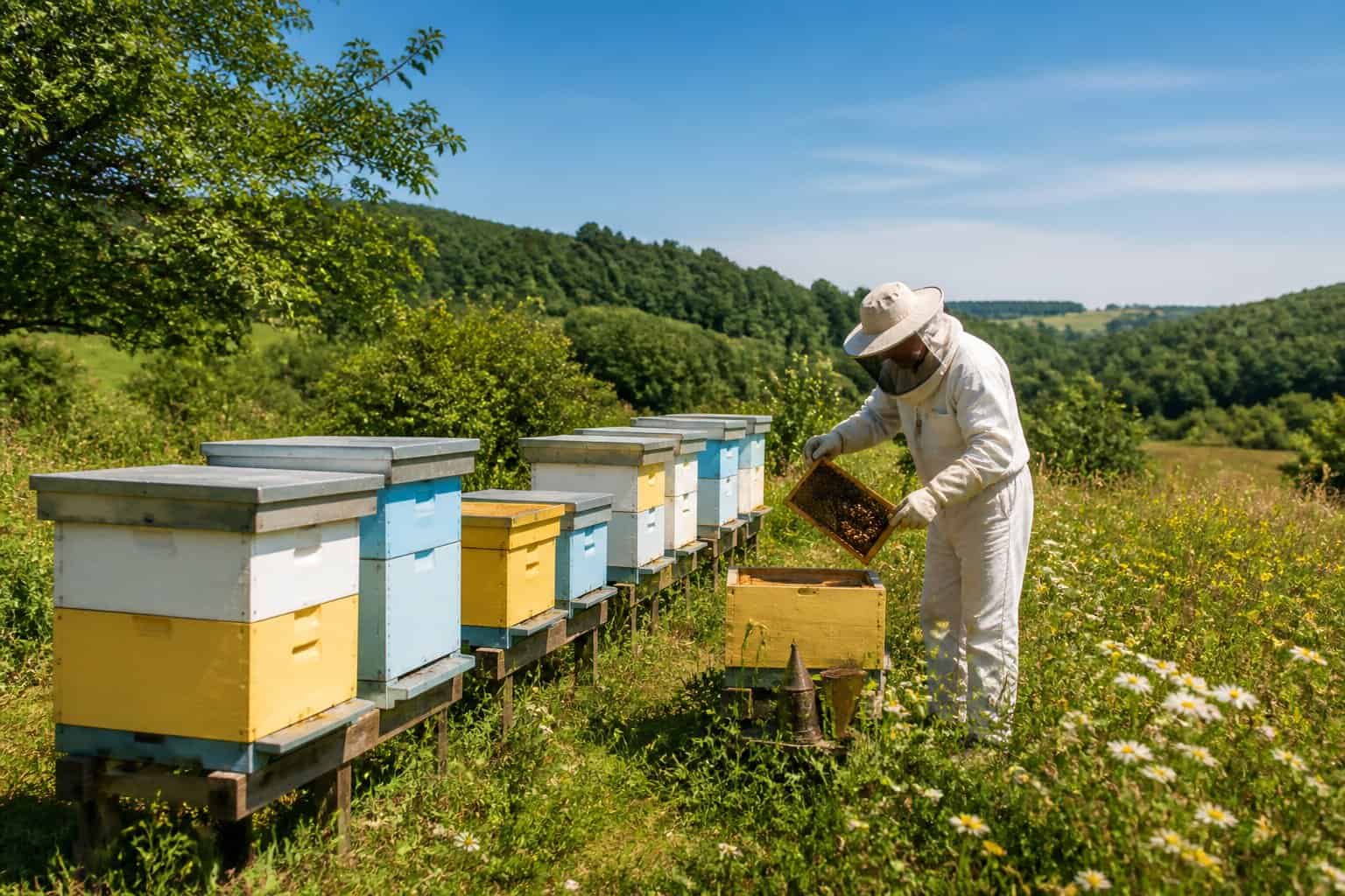 A beekeeper in protective gear tending to several beehives in a grassy field surrounded by trees and wildflowers.