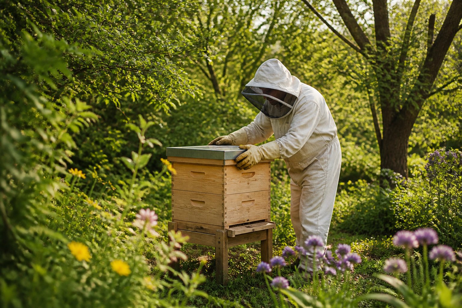 A beekeeper in protective gear inspecting a wooden beehive placed in a green garden surrounded by plants and trees.