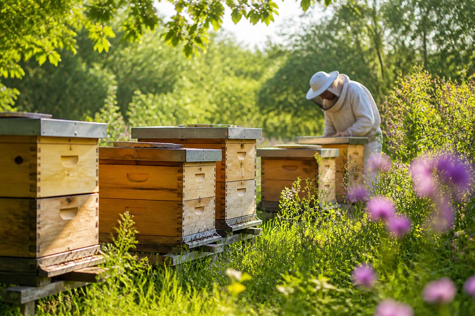 A beekeeper in protective clothing inspects wooden beehives in a green meadow surrounded by flowering plants and trees.
