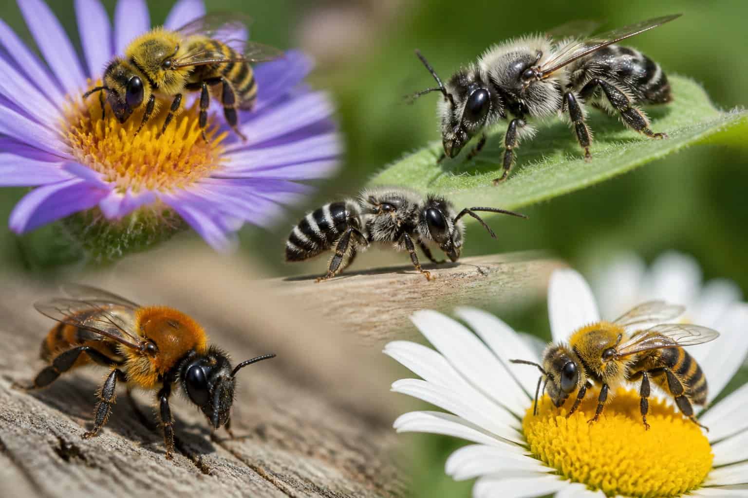 Close-up of several solitary bees on flowers and wooden surfaces in a natural outdoor setting.