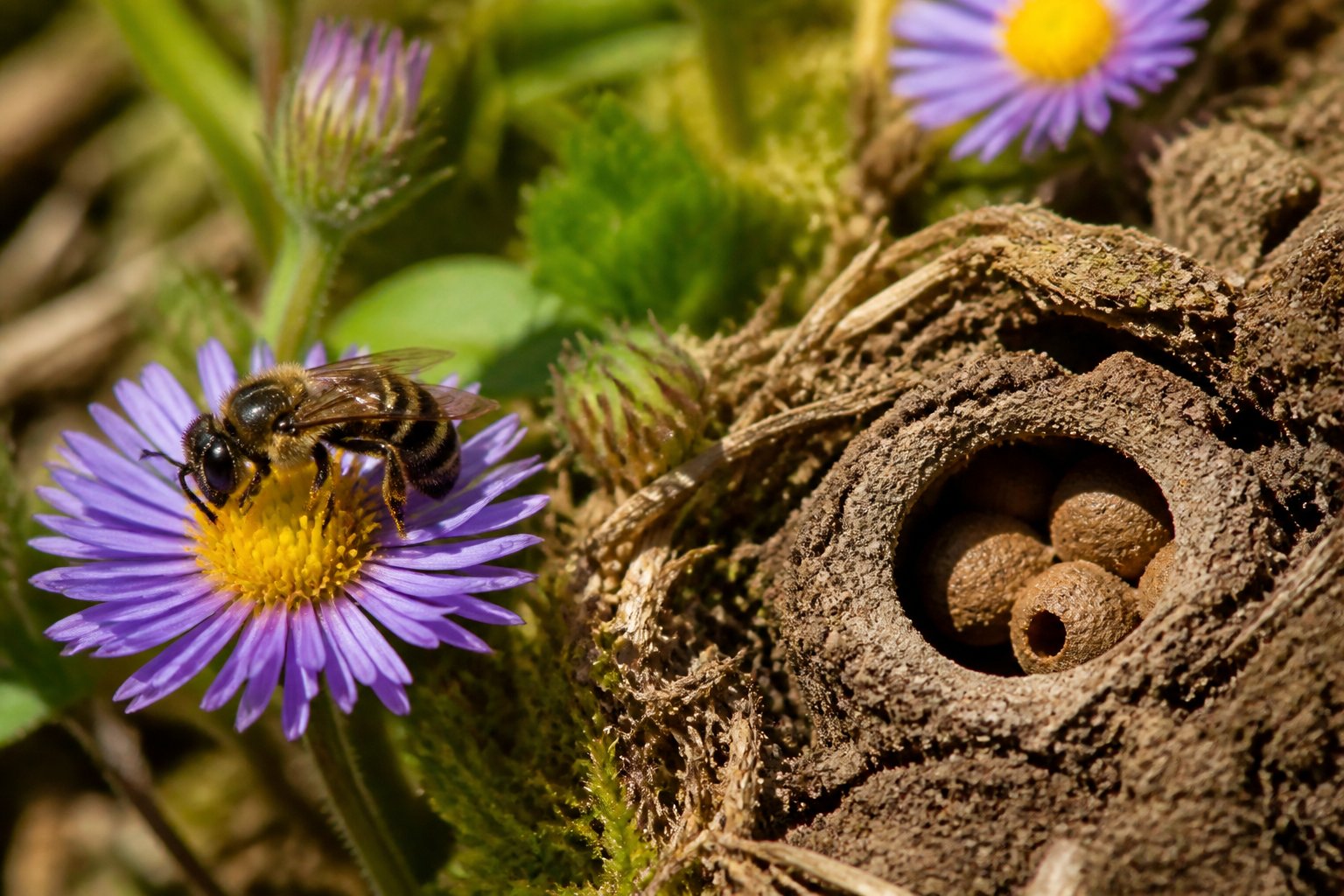 A solitary bee foraging on a wildflower next to its small nest in a natural outdoor setting.